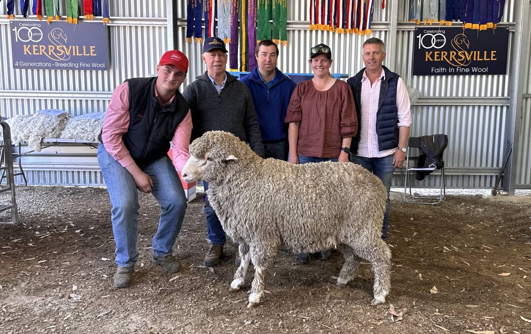 Dillon Dawson, Elders Hamilton, Robert Plush, Kerrsville, Konongwootong, top price buyer Cemeron Delahoy, Ballintubber, Bulart, Sarah Harvey, Kerrsville, Konongwootong and Warrnambool Merino classer Sam Thring with Lot 37 Kerrsville 21-0577 which sold for $3800. Picture by Philippe Perez