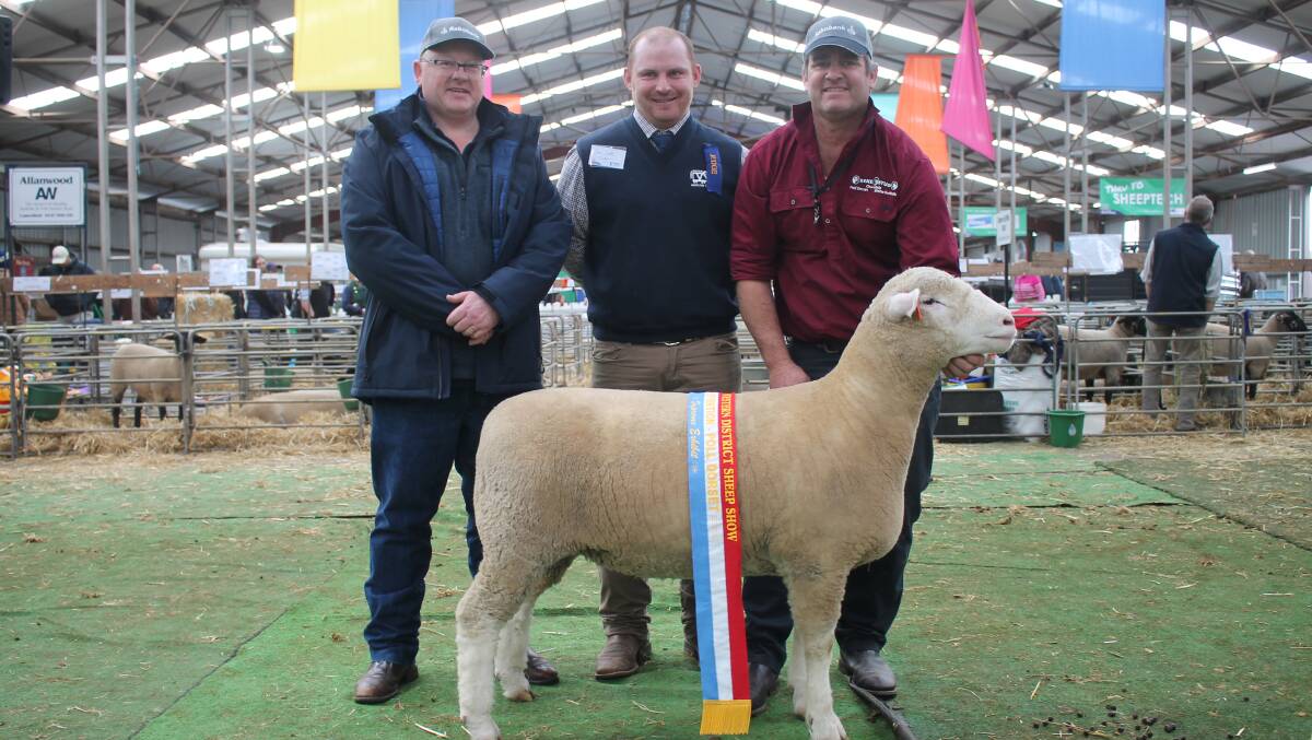 Area manager for Rabobank Sam Dohle, Sheepvention Poll Dorset judge Joe Scott, Valley Vista, Coolac, NSW and Scott Mitchell, Culcairn, NSW. 