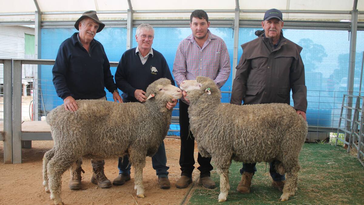 The top two lots at the sale - Lot 3 PW-8 and Lot 45 PG/GR-394 were sold to Wayne Jones, Donald (left) for $6000 and $5000 respectively. With Oakbank stud principals Warren and Jack McCrae, Gre Gre and Geoff Brown, Donald, who works with Mr Jones. Picture by Philippe Perez