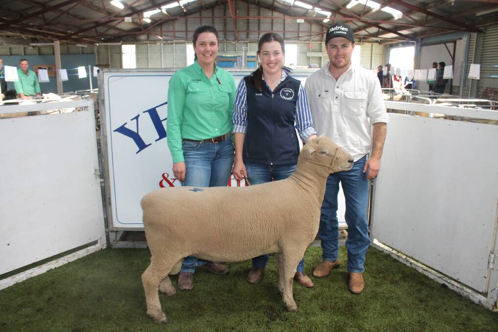 Nutrien Ballarat livestock agent Sadye Madden, Yentrac stud co-principal Katie Shapcott and Andrew Lakin, Allanwood, Lancefield, who purchased Lot 4 Yentrac 751 for $3000. Picture by Philippe Perez

