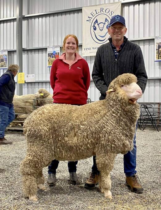 Elders Horsham representative Amy Kilpatrick with Warren Russell, Melrose, Nurrabiel with their top priced ram Lot 1, 21Y18427, sold for $8000.