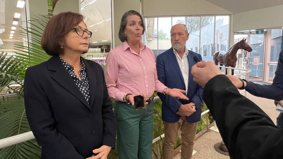 National Mallee MP Anne Webster, Shadow Water Minister Perin Davey, and Liberal Grey MP Rowan Ramsey speaking to journalists in Mildura on Tuesday regarding the Murray-Darling Basin Plan. Picture supplied