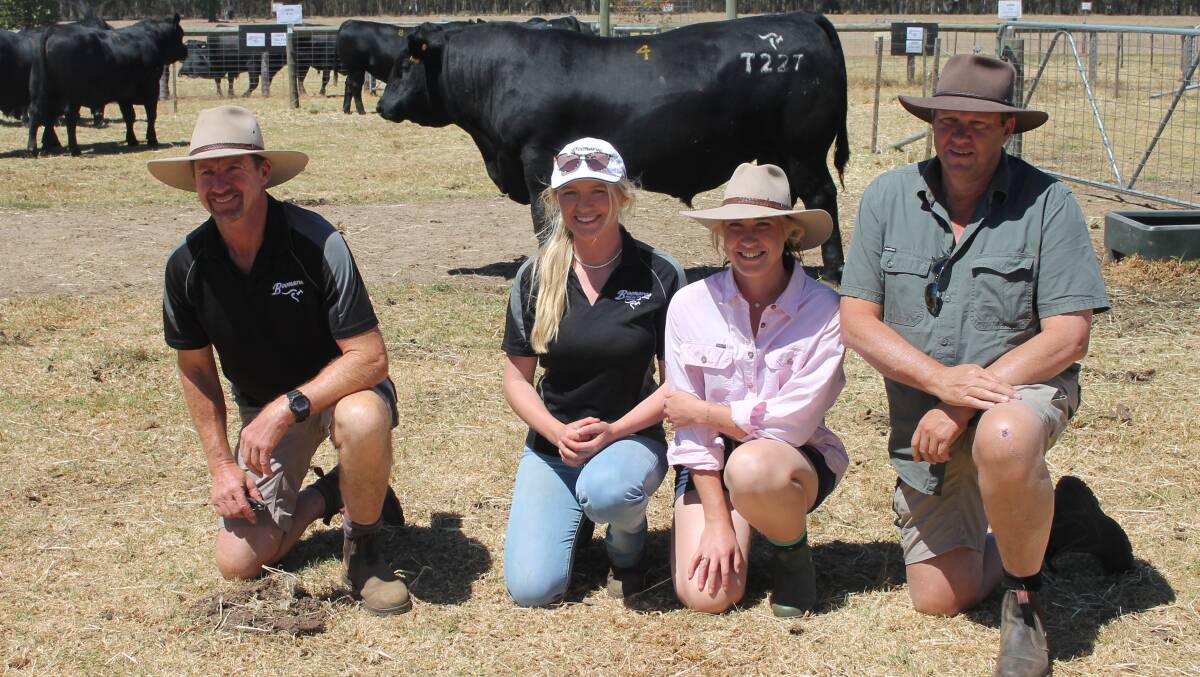 Shane and Claire Foster, Boonaroo, Corndale and Clare and Darryl Porter, Winfield Angus, Wangoom. The Porters bought the second highest priced bull of the day, Lot 4, Boonaroo Genius T227, which sold for $30,000. Picture by Philippe Perez