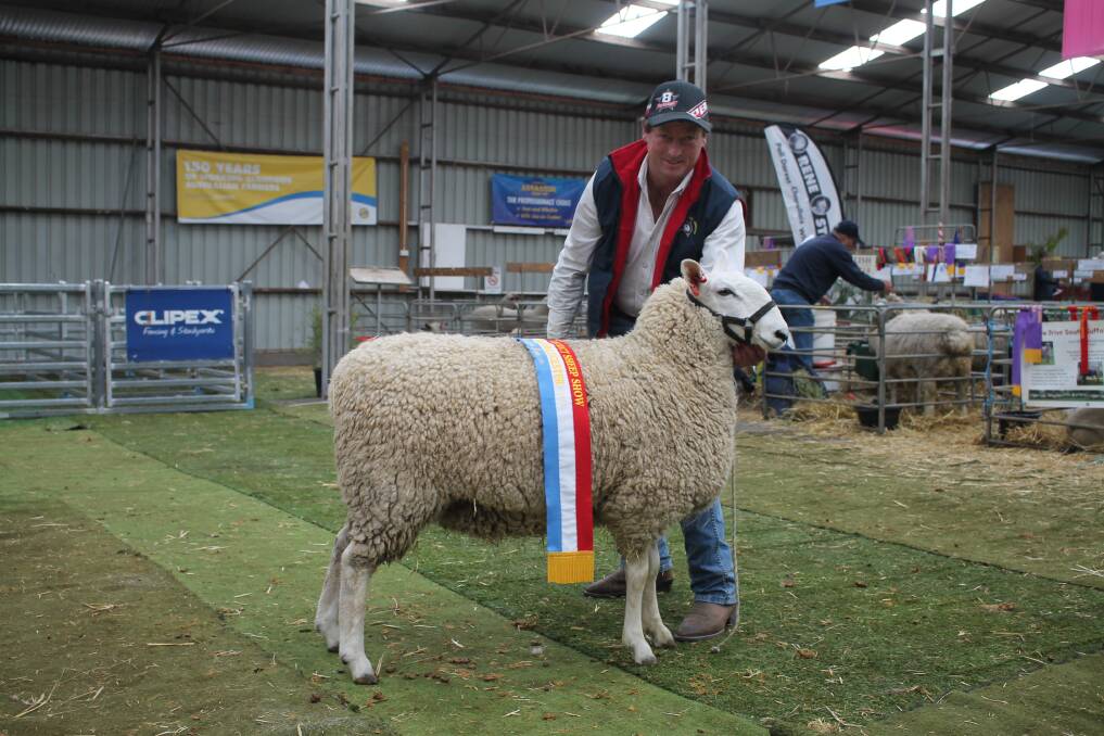 Ross Jackson, Jackson Farming, Moyston with his supreme champion Border Leicester ewe. The stud also won supreme ram at the 2023 Sheepvention event. Picture by Philippe Perez