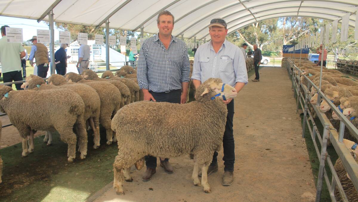 Walalloo Park stud co-principal Trent Carter, Marnoo with Stud Park South stud principal Pat Millear, Willaura. Mr Millear bought Lot 6 Wallaloo Park 22-1413 for $12,000. Picture by Philippe Perez. 