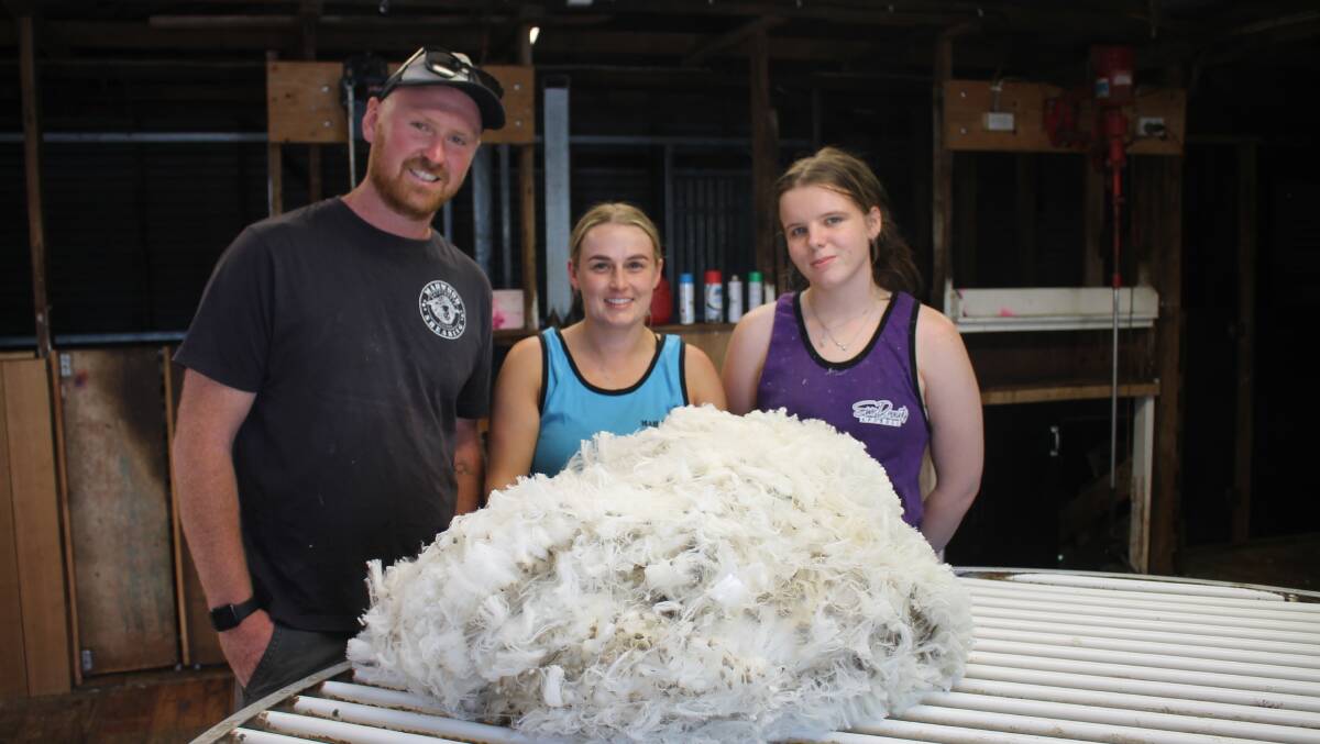Marwood shearing director Bill Woodgate, Ballarat, with local shearers and woolclassers Sophie Bradshaw, Ballan and Skye Gillingham, Beaufort. Mr Woodgate said the sector has recovered from major workforce shortages during COVID. Picture by Philippe Perez