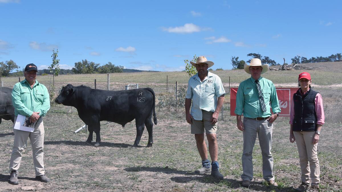 Jamie Beckingsale, Nutrien Mansfield, with the top priced bull, Lot 27, Riddellvue Nic Nat R125, with stud principal Ian Bates, Peter Godbolt, Nutrien Stud Stock & Jenny O'Sullivan, Elders Stud Stock. Photo by Janine Elen, Outriders Media.