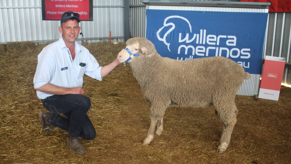 Willera stud manager Simon Coutts with equal top price ram Lot 1 Willera 220940, which was sold to Greater Western vendors J & M Kilpatrick.