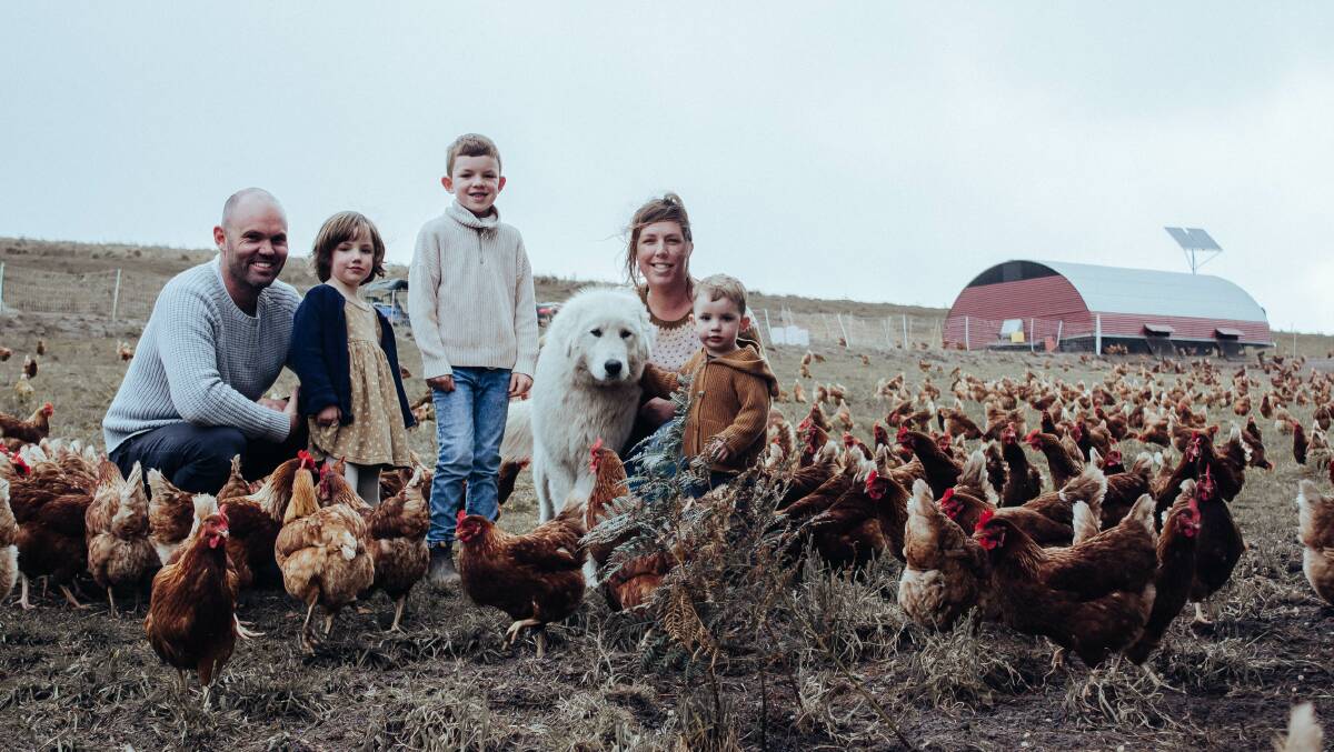 Zac Jeffries, Providore Farms, Narrawong, said reducing waste was a core element of his business and selling imperfect eggs for dogs was one way of doing that. With wife Alana Jeffries and their children Ezekial, Acacia and Silas. Picture supplied