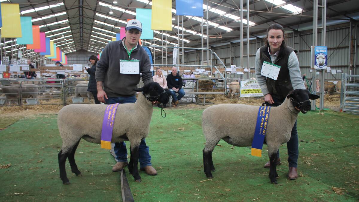 Andrew Lakin, Allanwood, Lancefield and Pia Cotter, Cotter Suffolks, Wangoom and Beeac. Ms Cotter's ewe was awarded the grand champion Suffolk ewe sash, while Mr Lakin won reserve champion Suffolk ewe. Picture by Philippe Perez