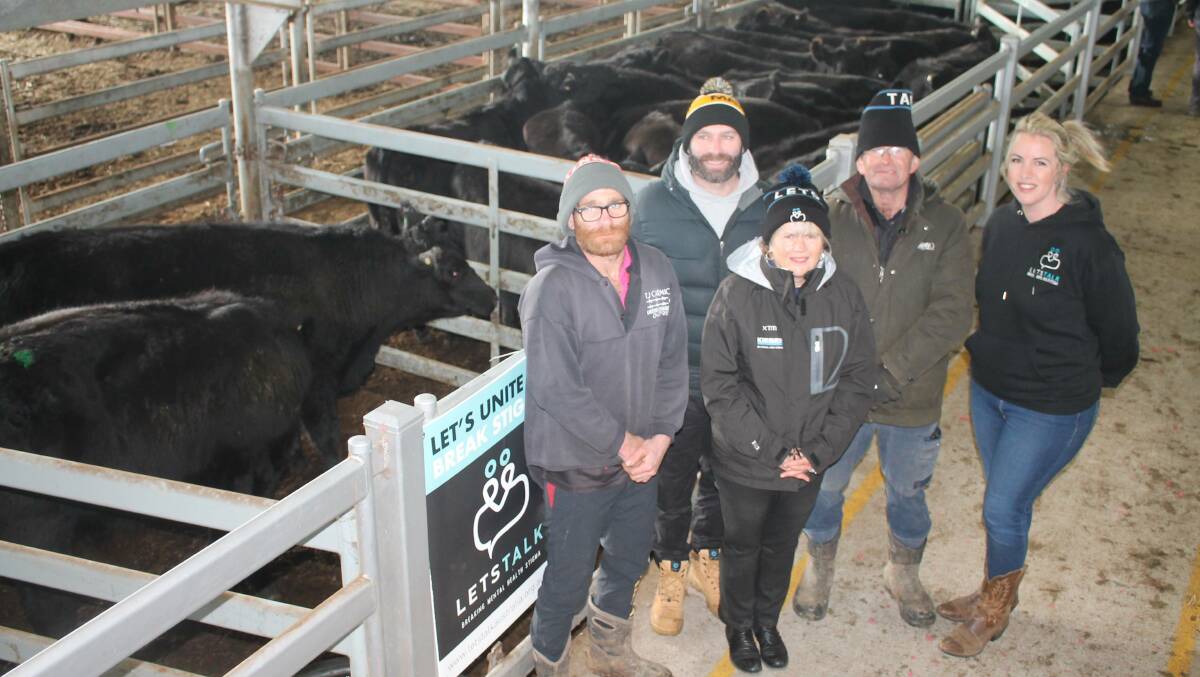 Pictured are founders of the Let's Talk Foundation Jane and Michael Fitzgibbon, shearers taking part in Shear Madness event later this year Brody and Corey Mifsud and community activation lead for Let's Talk Abbi Power. The Fitzgibbon family sold two grown steers for a total of $5700 to raise funds for the foundation at the store sale. Picture by Philippe Perez