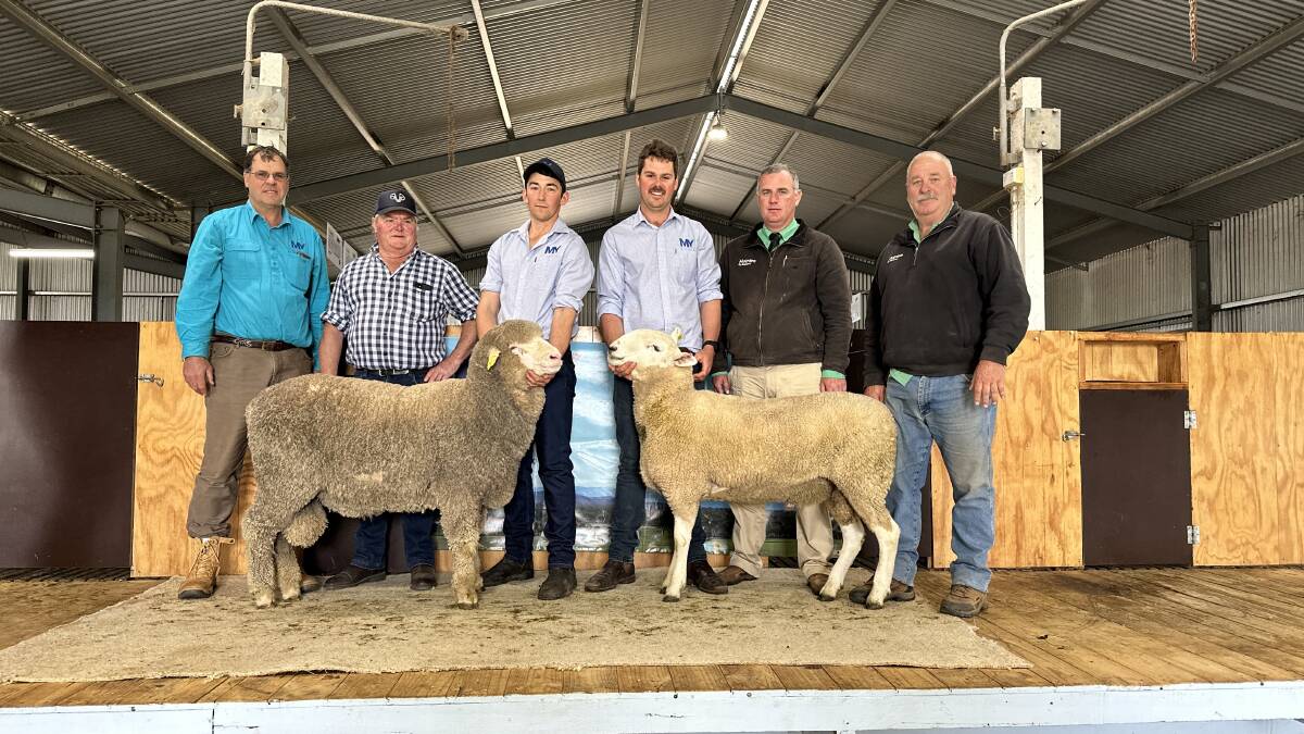 Mount Yulong stud co-principal Peter Rogers, top price buyer Peter Remfry, Willoura, Mount Yulong's Tom Walker and Daniel Rogers, Nutrien south east stud stock manager Peter Godbolt & Kevin Beaton, Kelvyn, Coojar with Lot 3, 210308 and Lot 60, 21-0038.