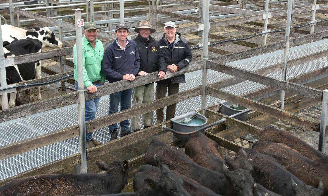 Nutrien's Kieran Johnston, Brian O'Halloran's Anthony Mahoney, J & J Kelly's Jack Kelly and HF Richardson's Conor Mugavin. The four local stock agents are urging local farmers to lobby council to invest in the Warrnambool saleyards. Picture by Philippe Perez.