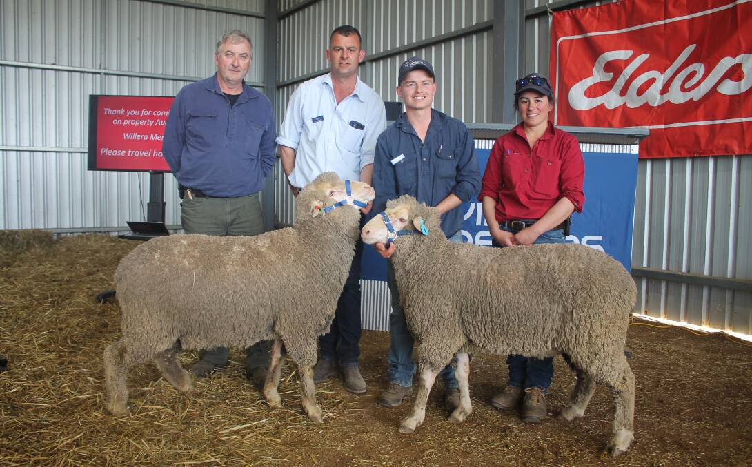 Manager at Lal Lal Mawallok Andrew Welsh, Willera stud manager Simon Coutts, Willera livestock overseer Mitch Avard and Lal Lal Mawallok assistant manager Ann Welsh with top priced rams Lot 4 Willera 220551 and Lot 27 Willera 220078. Picture by Philippe Perez