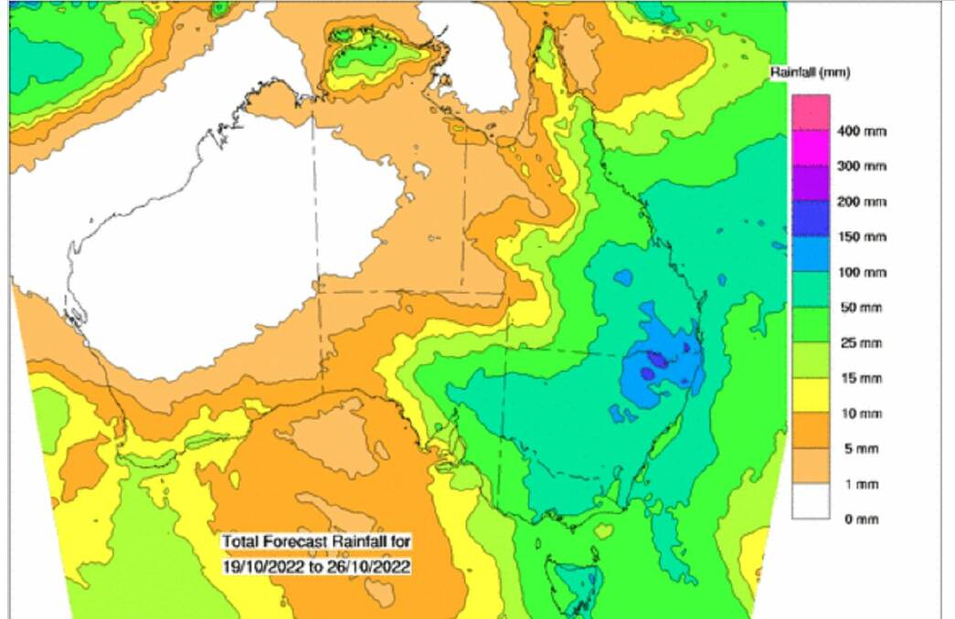 The total forecast of rain for the upcoming week may see heavy rainfall and thunderstorms continue for many weeks to come. Picture: Bureau of Meteorology.
