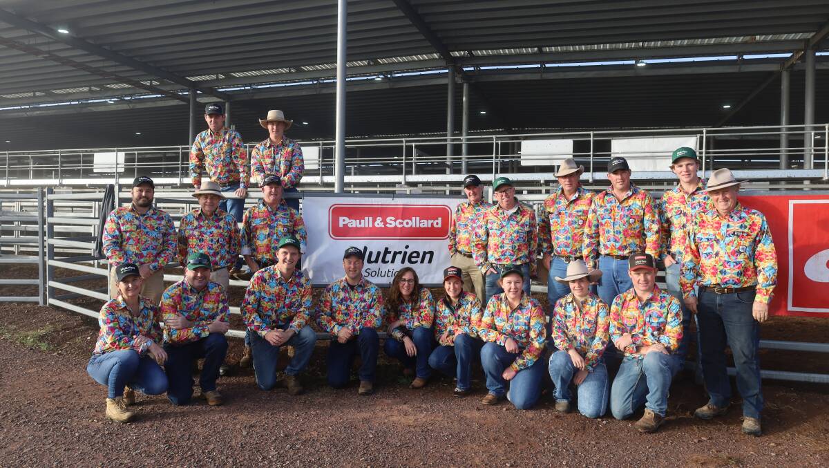 The Paull and Scollard Nutrien Ag Solutions and Elders teams at the Wodonga store sale raising awareness for mental health in their Trade Mutt This Is A Conversation Starter shirts. Picture by Elle Locke, Elders.