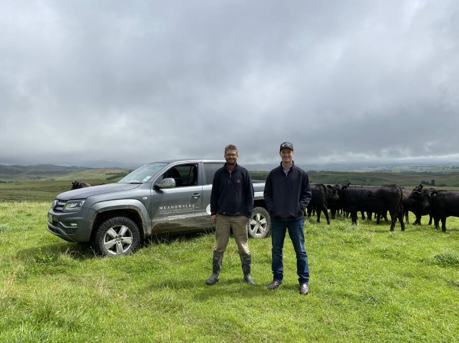 Mr Thomson toured Angus studs and commercial operations during his trip, and is pictured with George Giddings of Meadowslea Genetics. Picture supplied