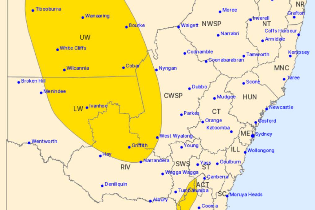 The Bureau is warning of damaging winds in the western inland and alpine region on September 7. Picture by Bureau of Meteorology