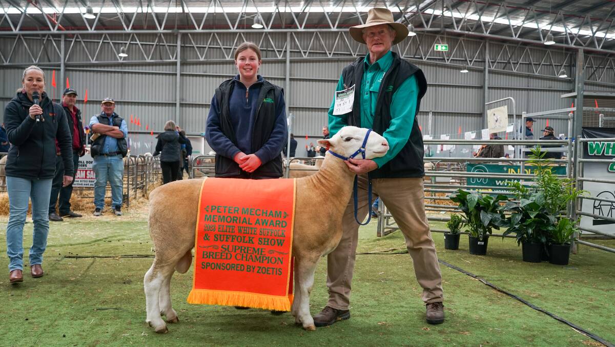 Mountain Mist stud co-principals Imogen and Maurice Baldock, Nook, Tas, won overall champion with their grand champion ram. Picture by Rachel Simmonds