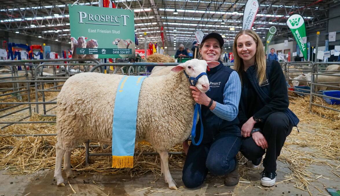 Nereda and Lizzie Brand, Prospect East Friesian, with the supreme champion East Friesian ewe at the Australian Sheep & Wool Show. Picture by Rachel Simmonds