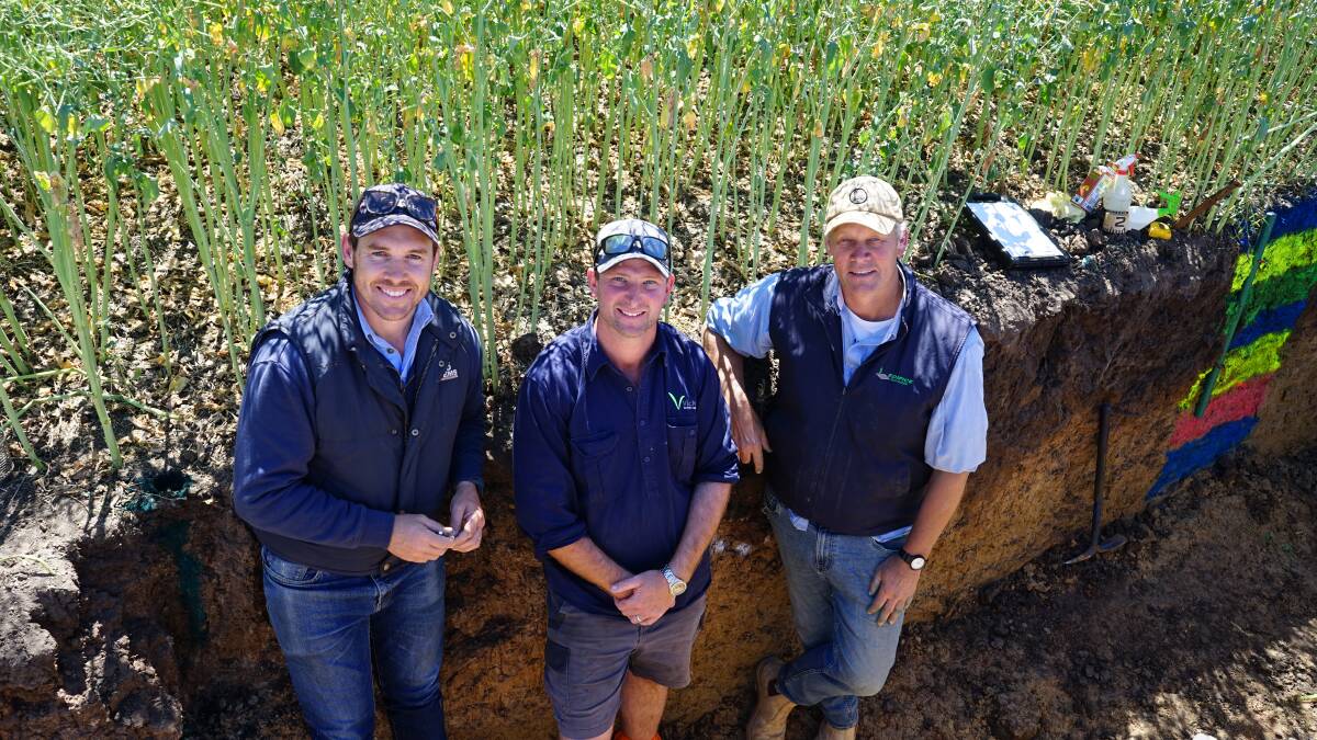 Ed Scott, Adelaide Hills, SA, VicNoTill president Dan Fox, Marrar, NSW, and Michael Eyres, Adelaide Hills, SA, at the Soils in All Seasons workshop, Kaniva. Picture by Rachel Simmonds