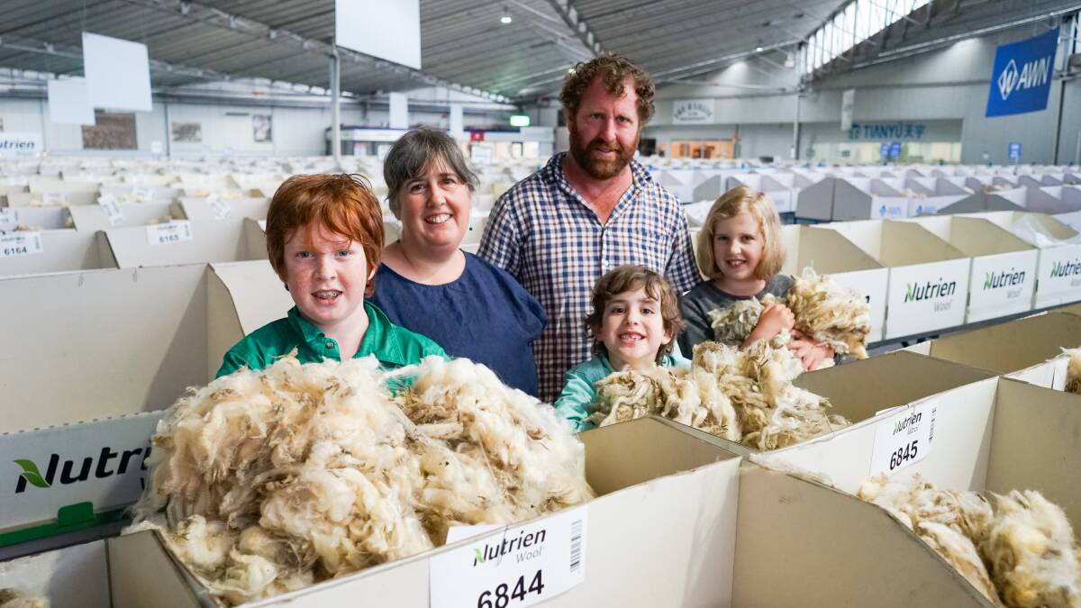 Natalie and Brian Morton, and their children Wally, Gilly and Penny, Hamilton, who sold their Corriedale wool in Melbourne on Wednesday. Picture by Rachel Simmonds