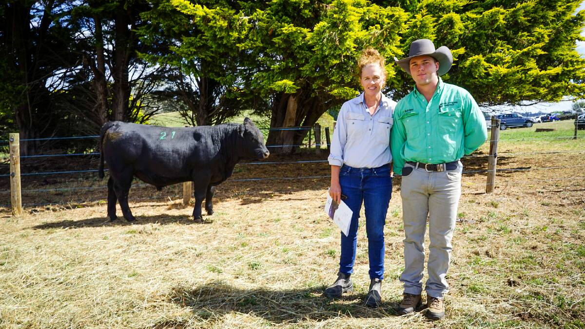 Mother and son duo Sarah Fahey and Campbell Czempinski bought three bulls at Merlewood Angus' seventh autumn bull sale, including the bull pictured. Picture by Rachel Simmonds