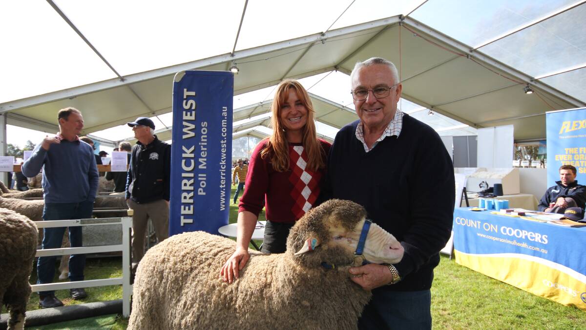 Terrick West Poll Merinos father-daughter stud co-principals Claire and Ross McGauchie at Marnoo Merino field day. Picture by Holly McGuinness