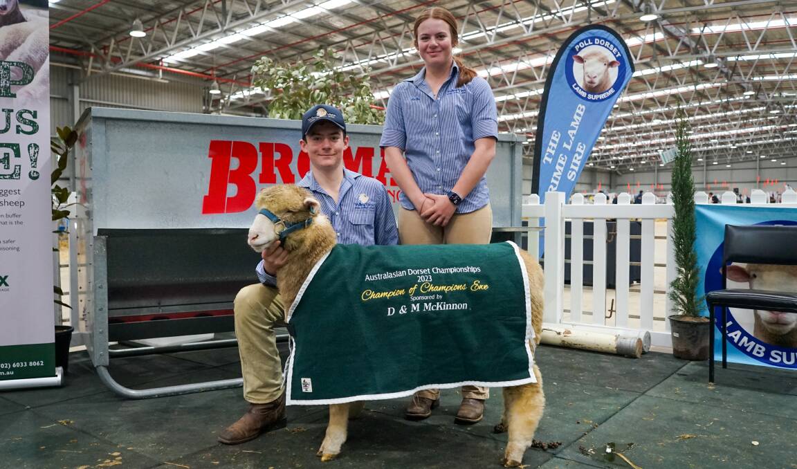 Zac and Sally Scott, Valley Vista Poll Dorset stud, Coolac, NSW, with the grand champion ewe. Picture by Rachel Simmonds