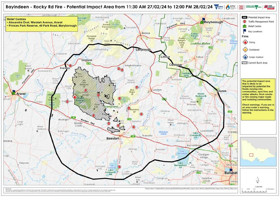 Emergency services have urged residents within this boundary near the Bayindeen fire to leave tonight, or early tomorrow morning, ahead of dangerous fire conditions. Picture supplied