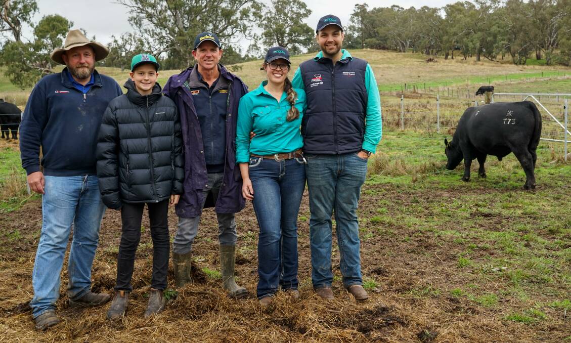 Corcoran Parker livestock agent Daniel Craddock, Jake and Rob Stanborough, Kongwak, and Nina and Tim Finger, Riga Angus. Picture by Rachel Simmonds