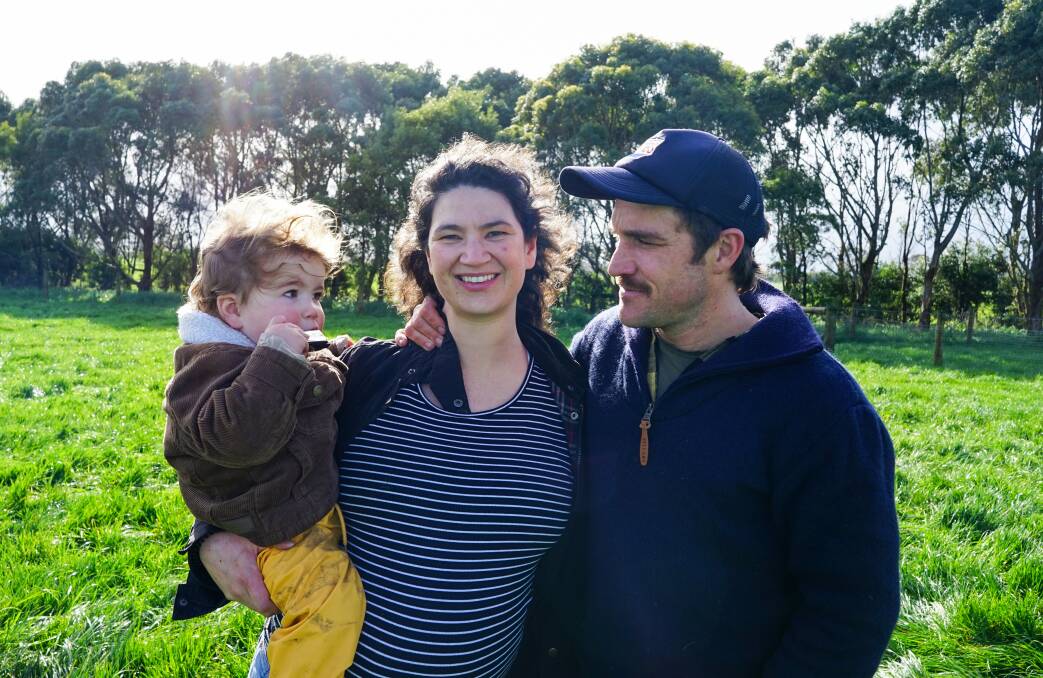 Garvoc farmers Anna and Joseph Conheady, with Finbar, are calling on the state government to protect productive agricultural land and "draw the line" in the early stages of wind farm planning. Pictures by Rachel Simmonds