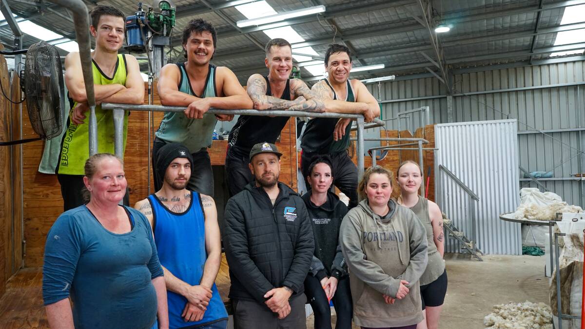 The Cutting Edge Shearing team went from shearing 200,000 sheep annually to 400,000 sheep during the COVID-19 pandemic. Back from left are Lachie Partridge, Cori Corrigan, Luke Carter, and Sheyenne Taiki. Pictured front are Wendy Belfrage, Isaiah Madzarevic, Michael Sorenson, Cristina Stevens, Michaela Kelly and Bec Degroot. Picture by Rachel Simmonds