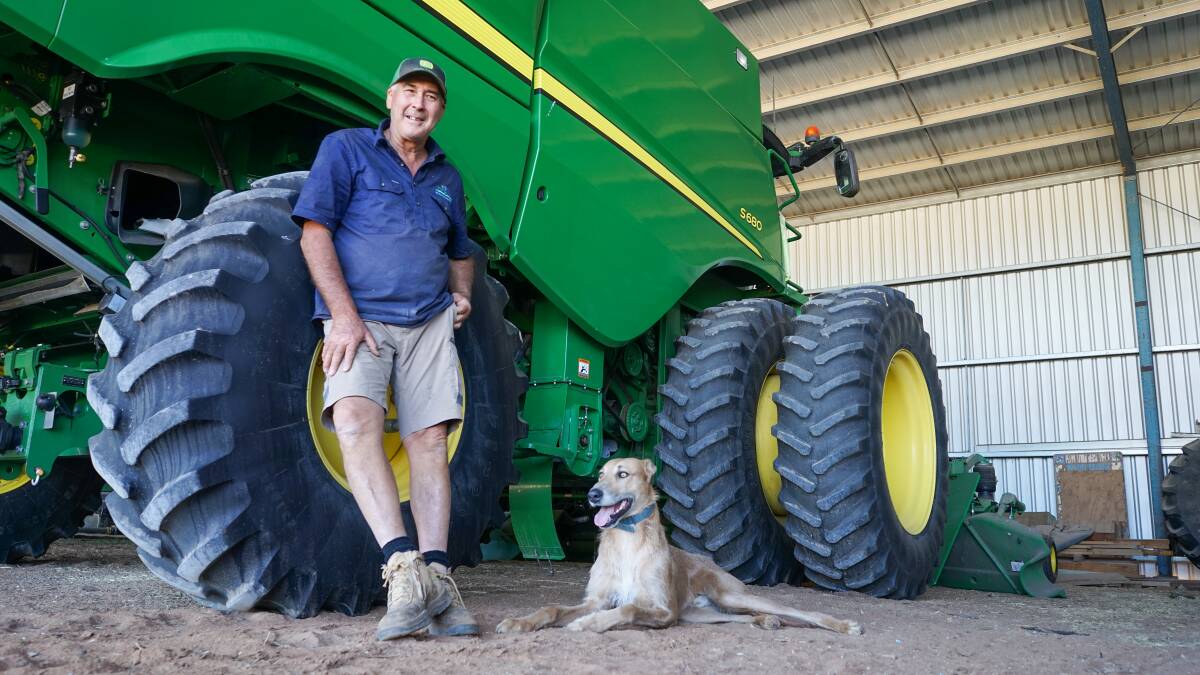 Nhill GrainGrowers Group chair Brett Wheaton, pictured with Henry, says Nhill farmers contributed 18,800 tonnes of grain to the local site within one day. Picture by Rachel Simmonds