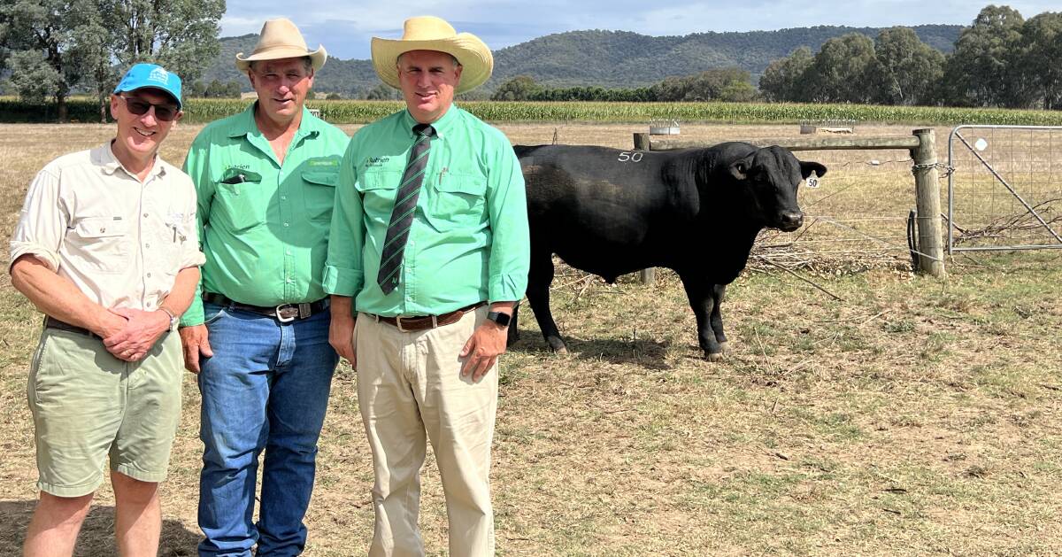 Alpine Angus stud principal Jim Delany, Rosewhite, Nutrien Ivone Agencies livestock manager Dan Ivone, and auctioneer Peter Godbolt. Picture supplied by Justin Conlan