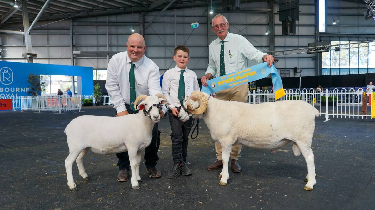 Jason and Justin O'Loghlin, Wiltshire Horn judge Peter Baker with the grand champion ewe and supreme exhibit ram. Picture by Rachel Simmonds