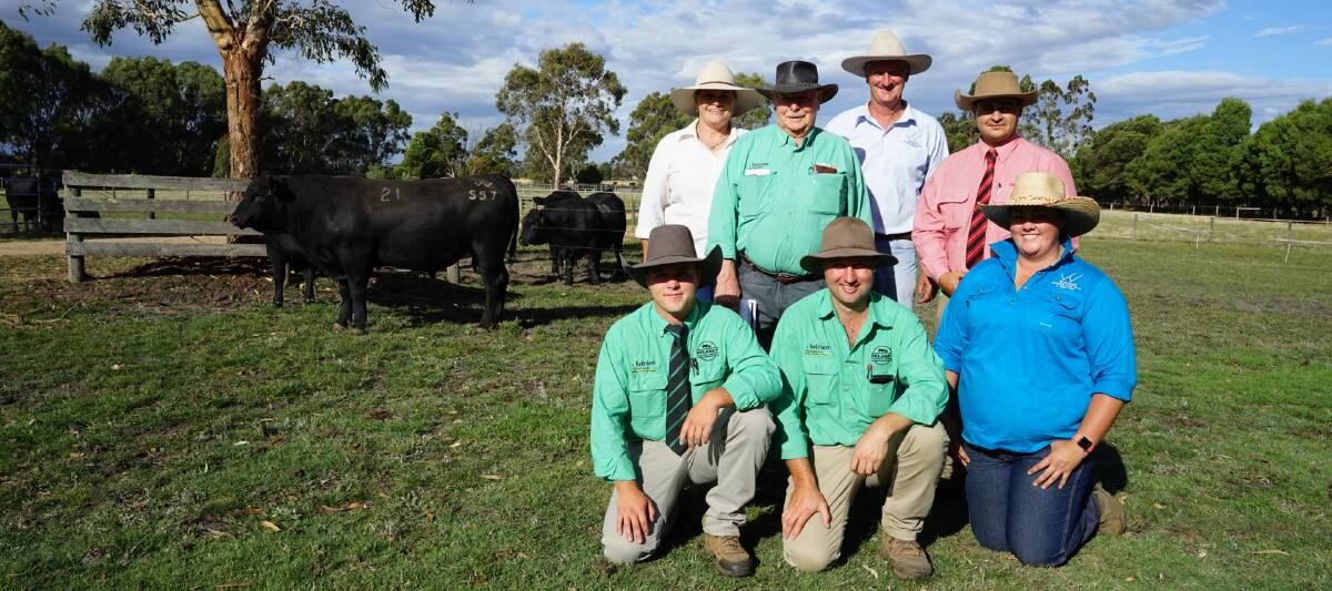 Wattlewood Angus Stud sold Lot 21, Wattlewood Stimulating S57, for a top price of $13,000 at its second annual sale yesterday. Pictured back from left are stud owner Fiona Glover, Bruce Peterson, John Glover and auctioneer Ryan Bajada. Front from left are Campbell Chempski, Anthony Delaney and Rachael Cochrane. Picture by Rachel Simmonds