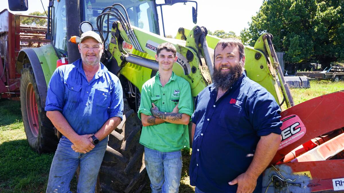 Larpent dairy farmer Mark Billing employs Corey Parsons, Warrnambool, pictured with Bill Cornelissen, South West TAFE, while he completes his studies. Picture by Rachel Simmonds