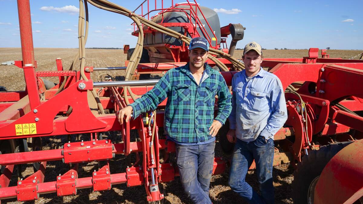 Dale Hinkley and Darcy Reid, KY Pastoral Co, are busy in the paddocks at Wilkur sowing canola, barley, lentils and vetch. Picture by Rachel Simmonds