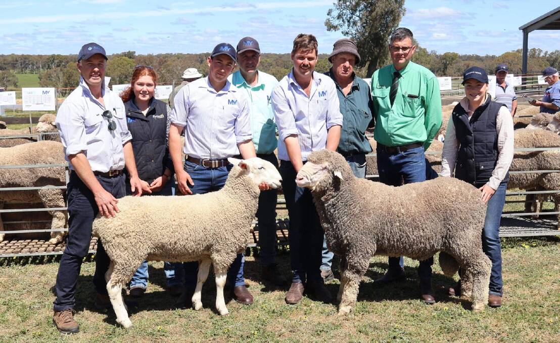 Russell Macgugan, AWN, Bella O'Brien, Tom Walker, Peter and Daniel Rogers, Mount Yulong, Ian Klows, Balmoral, Roly Coutts, Nutrien, and Briney Wright, Nutrien, with the top Border Leicester and Merino rams. Picture supplied