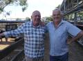 Bob Perry, Carlisle River, sold seven F1 steers, and is pictured with his friend Neil Warner, Emerald, who was visiting the saleyards for the first time.