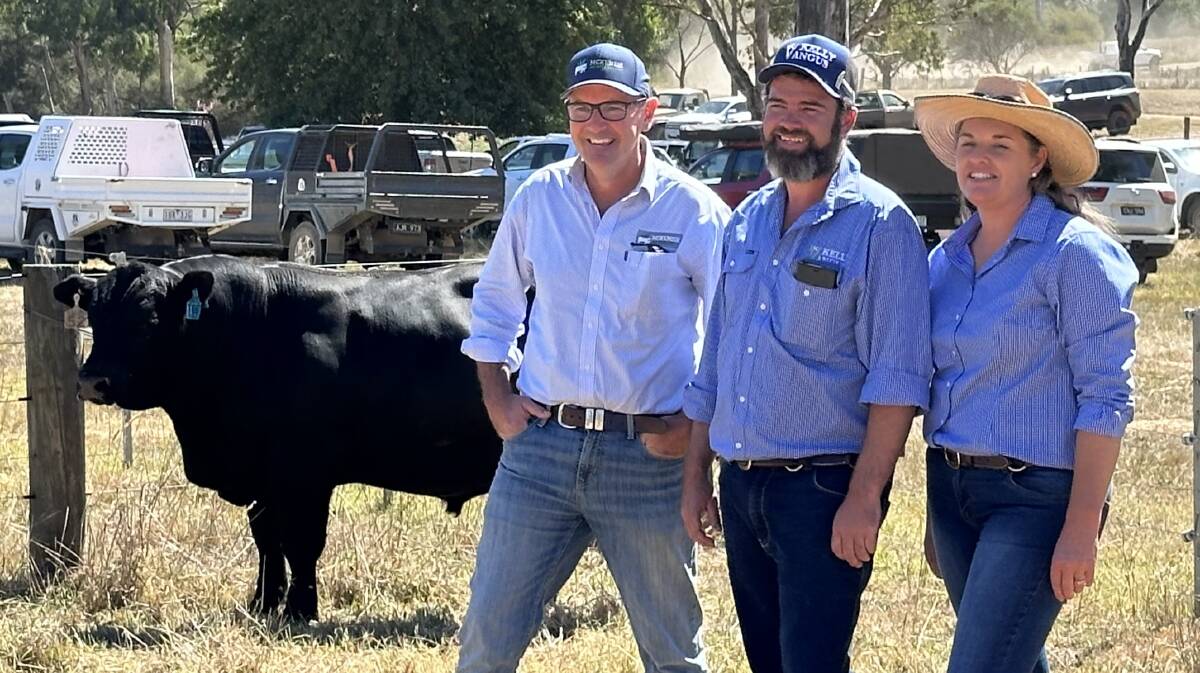McKenzie Ag Services principal Lachlan McKenzie, Kelly Angus studstock operations manager Patrick Joyce and Cindy Smith, Kelly Angus. Picture supplied
