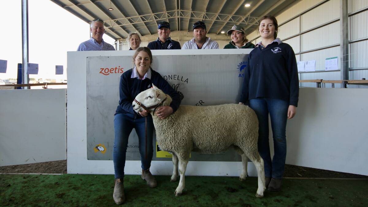 Noel, Stella, Jack (top) Megan and Emma (bottom) Lubcke, with top price buyers, Andrew Wells, and Phoebe Thornton, Ballan Ag with equal top price ram, Lot 17.
Picture by Holly McGuinness