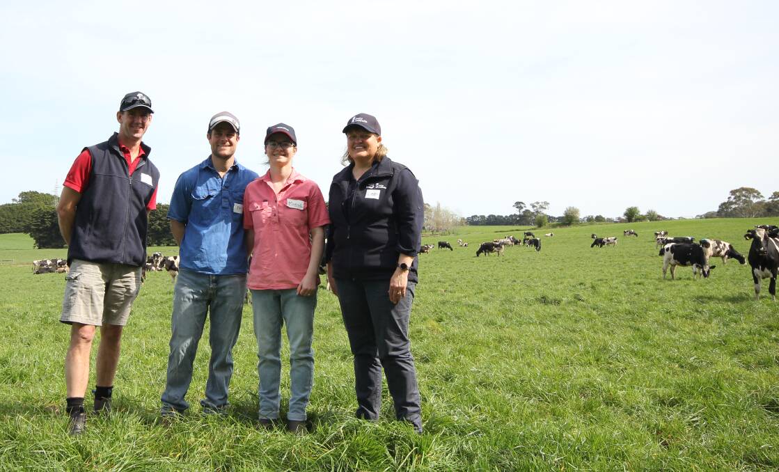 Paul Groves, farm consultant, Peter and Marnie Kerr, Bostocks Creek focus farm dairy farmers, and Libby Swayn, West Vic Dairy lead regional extension officer. Picture by Holly McGuinness