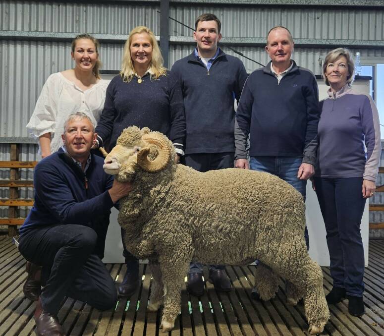 Trevor Mibus, Glenara Superfine Merino stud principal with Rachael Mibus, Kathy Mibus, and Jacob Mibus, with top price buyers Lindon Sanders and Ali McGraw, Little Valley Station, New Zealand. Picture supplied
