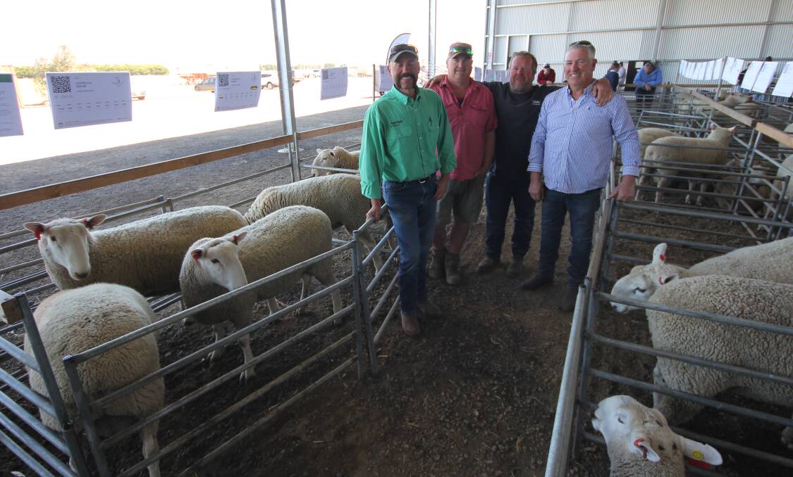 Andrew Stanczak, Nutrien Bannockburn, Greg Butler, Corindhap, Paul Bath, Lake View Inverleigh, and Noel Lubcke, Leonella stud principal with four of the rams Mr Bath purchased in the front left pen.