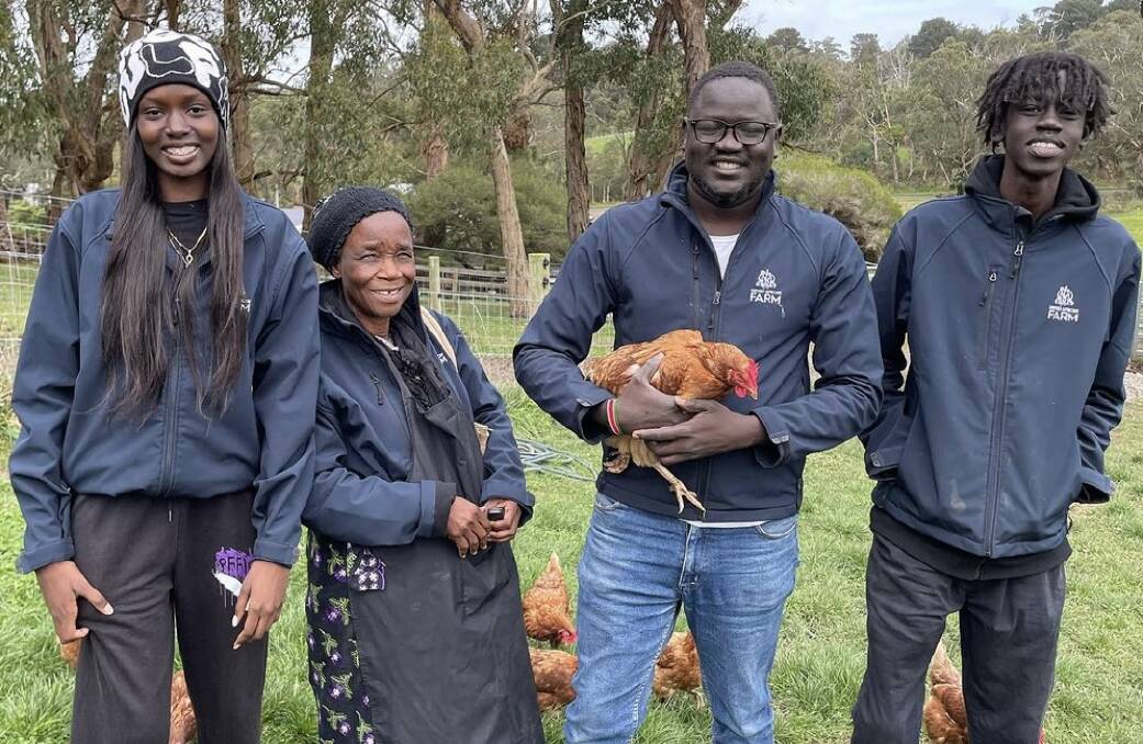 United African Farm volunteer Ayuol Chol, co-founders Queyea Tuazama and Thuch Ajak, and Ajak Aret with at Lil's Yolky Dokey Egg's farm in Main Ridge. Picture supplied