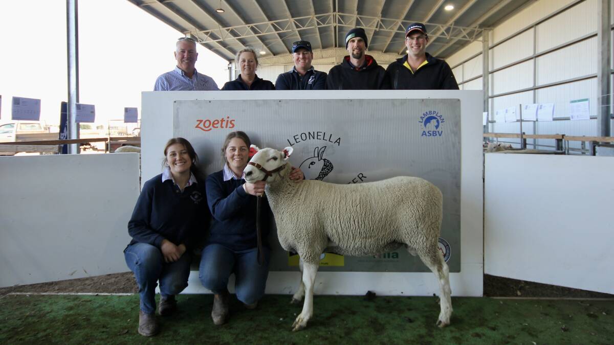 Noel, Stella, Jack (top) and Emma and Megan (bottom) Lubcke, with top price buyers, Daniel and Josh Koop, Pine Elgin, Nhill with equal top price ram, Lot 8.
Picture by Holly McGuinness