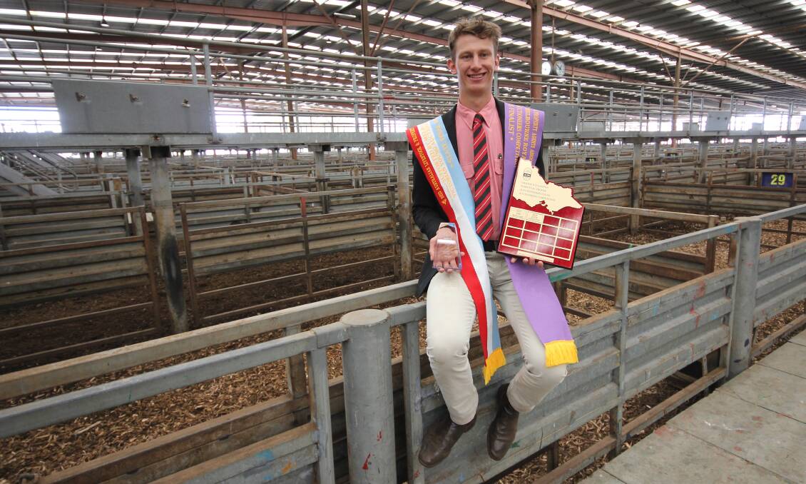 ALPA Victorian young auctioneers winner 2023, Harry Cozens, Elders Albury with his winning sash, and champion Graham Lanyon shield. Picture by Holly McGuinness