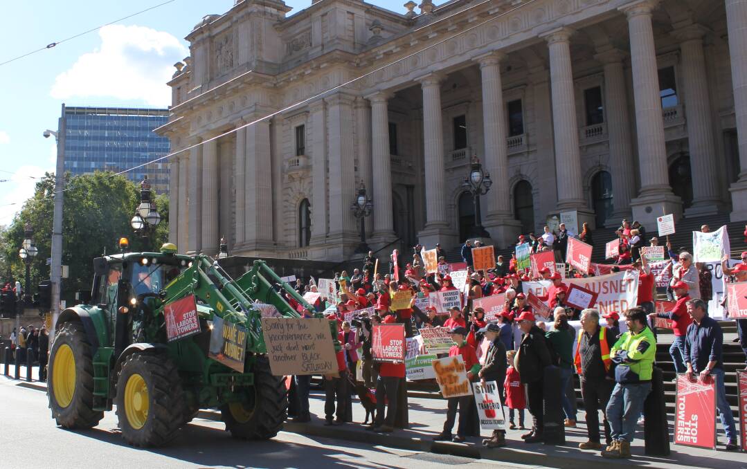 Protesters rallied outside Parliament House today in opposition to the state and federal government plans for VNI West project. Picture by Holly McGuinness